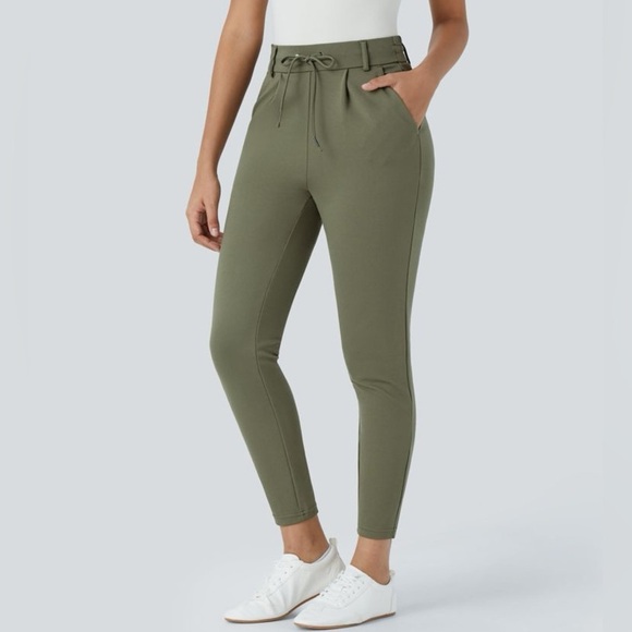 Halara Flex Midrise Drawstring Side Pocket Ankle Length Work Tapered Pant Green - Picture 1 of 15